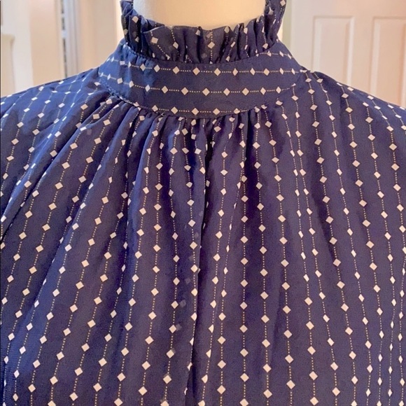Shi Long Fashion Blue & White Pleated Polka Dot High Neck Blouse Size 2XL - Picture 2 of 8
